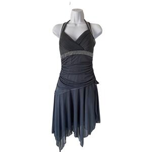 Y2K Babydoll Gray Rhinestone Halter Asymmetrical Party Dress S Prom Whimsigoth